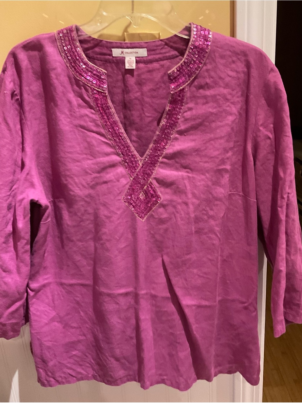 JM Collection Beaded V-Neck Tunic in Fuchsia